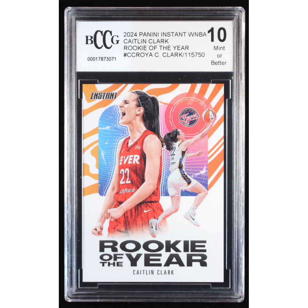 Caitlin Clark 2024 Panini Instant WNBA Caitlin Clark Rookie of the Year #CCROYA RC (BCCG 10) at PristineAuction.com Caitlin Clark 2024 Panini Instant WNBA Caitlin Clark Rookie of the Year #CCROYA RC (BCCG 10) at PristineAuction.com