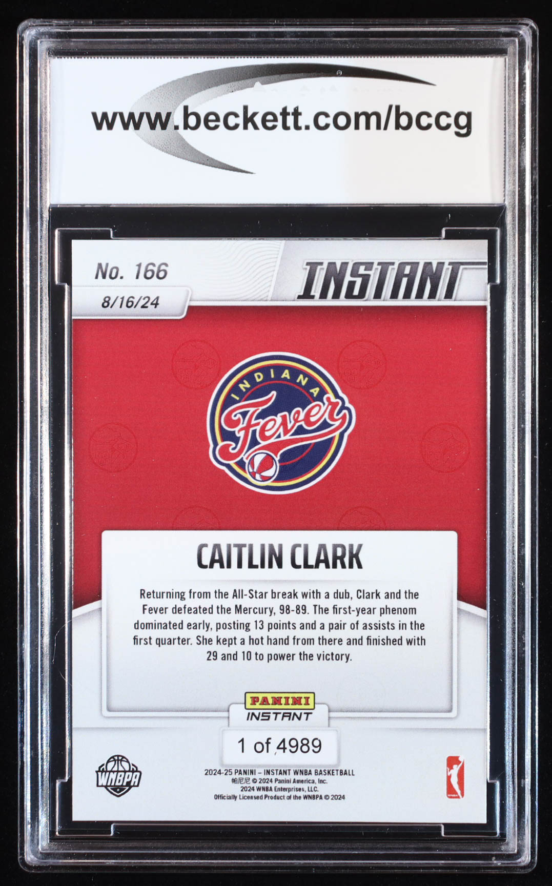 Caitlin Clark 2024 Panini Instant WNBA #166 RC (BCCG 10) at PristineAuction.com Caitlin Clark 2024 Panini Instant WNBA #166 RC (BCCG 10) at PristineAuction.com
