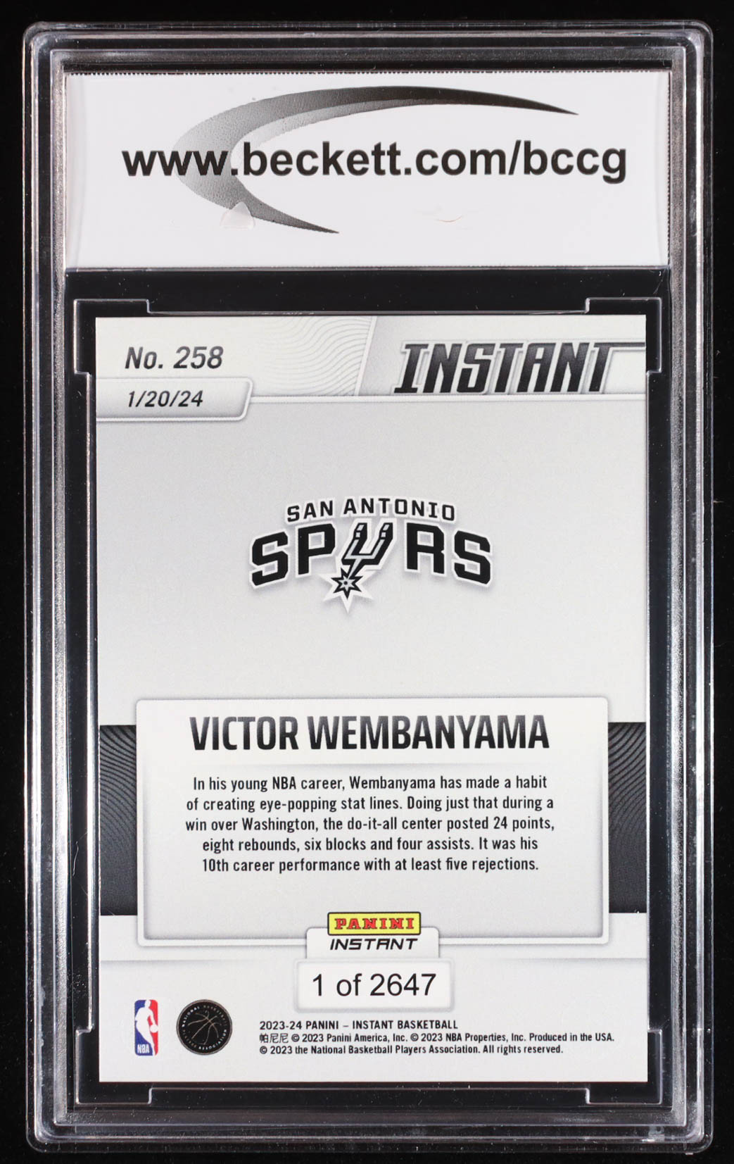Victor Wembanyama 2023-24 Panini Instant #258 RC (BCCG 10) at PristineAuction.com Victor Wembanyama 2023-24 Panini Instant #258 RC (BCCG 10) at PristineAuction.com