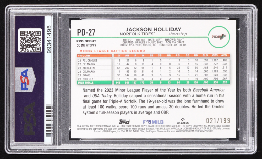 Jackson Holliday 2024 Topps Pro Debut Fuchsia Foil #PD27 #21/199 RC (PSA 10) at PristineAuction.com Jackson Holliday 2024 Topps Pro Debut Fuchsia Foil #PD27 #21/199 RC (PSA 10) at PristineAuction.com
