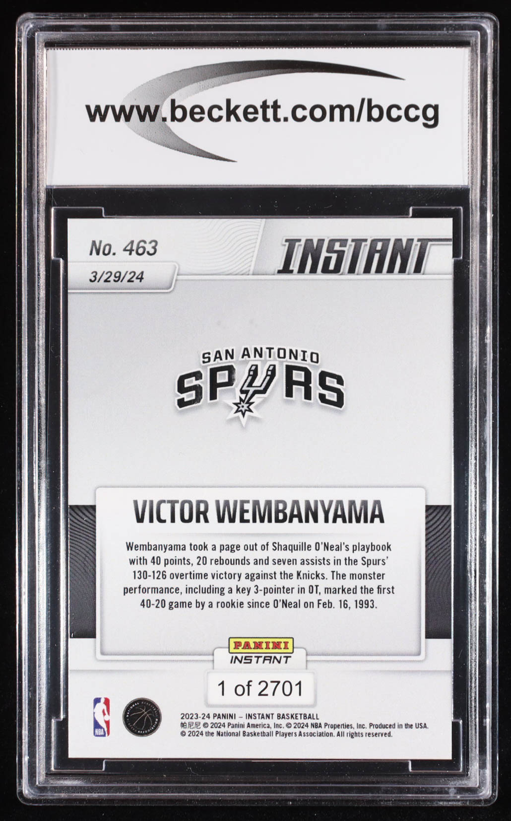 Victor Wembanyama 2023-24 Panini Instant #463 RC (BCCG 10) at PristineAuction.com Victor Wembanyama 2023-24 Panini Instant #463 RC (BCCG 10) at PristineAuction.com