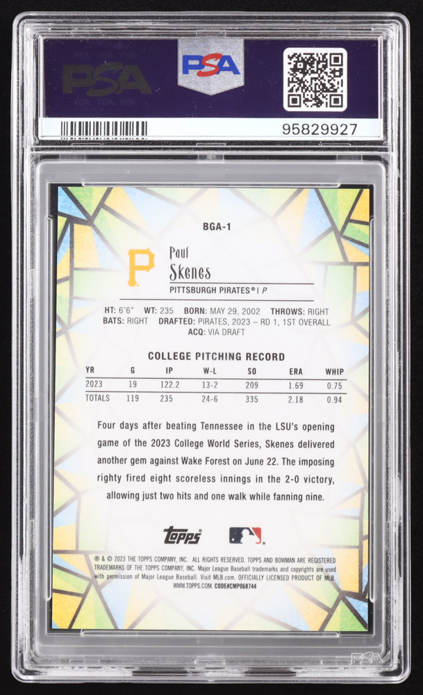 Paul Skenes 2023 Bowman Draft Glass #BGA1 RC (PSA 10) at PristineAuction.com Paul Skenes 2023 Bowman Draft Glass #BGA1 RC (PSA 10) at PristineAuction.com