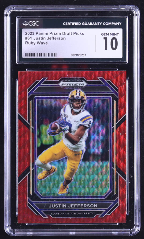Justin Jefferson 2023 Panini Prizm Draft Picks Prizms Ruby Wave #61 (CGC 10) at PristineAuction.com Justin Jefferson 2023 Panini Prizm Draft Picks Prizms Ruby Wave #61 (CGC 10) at PristineAuction.com