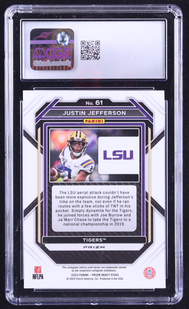 Justin Jefferson 2023 Panini Prizm Draft Picks Prizms Ruby Wave #61 (CGC 10) at PristineAuction.com Justin Jefferson 2023 Panini Prizm Draft Picks Prizms Ruby Wave #61 (CGC 10) at PristineAuction.com