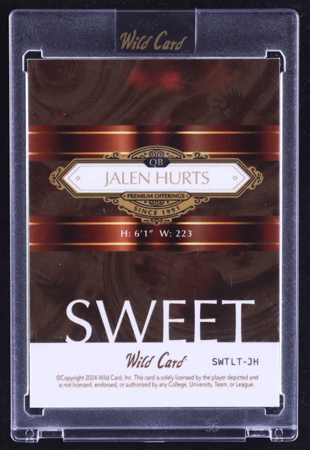 Jalen Hurts 2024 Wild Card Sweet Gold Scope #SWTLTJH #1/1 at PristineAuction.com Jalen Hurts 2024 Wild Card Sweet Gold Scope #SWTLTJH #1/1 at PristineAuction.com