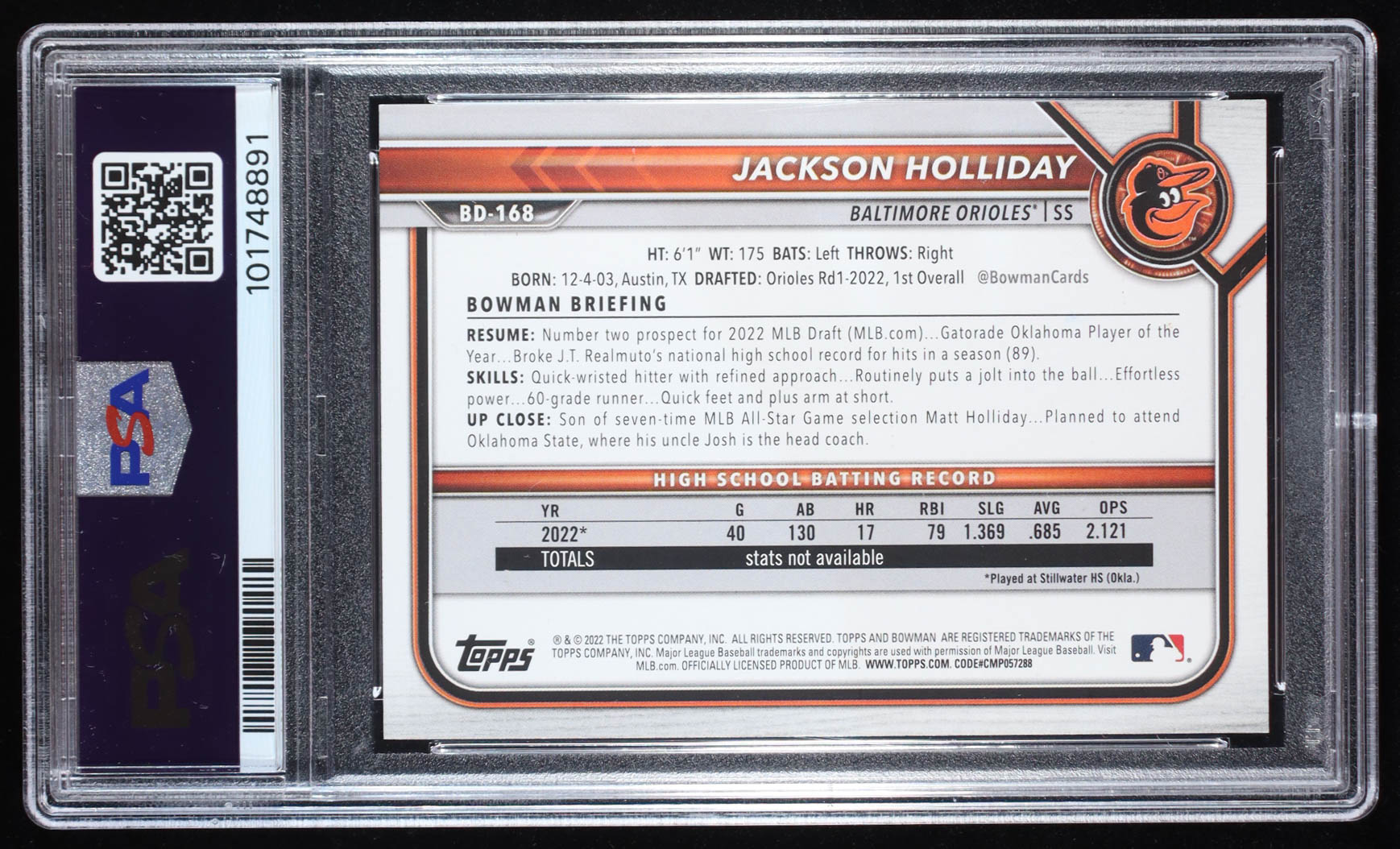 Jackson Holliday Signed 2022 Bowman Draft #BD168 RC (PSA Authentic) at PristineAuction.com Jackson Holliday Signed 2022 Bowman Draft #BD168 RC (PSA Authentic) at PristineAuction.com
