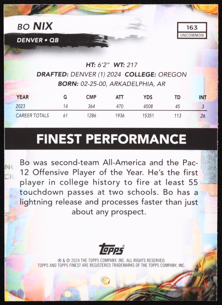Bo Nix 2024 Finest Checkerboard Refractors #163 RC at PristineAuction.com Bo Nix 2024 Finest Checkerboard Refractors #163 RC at PristineAuction.com