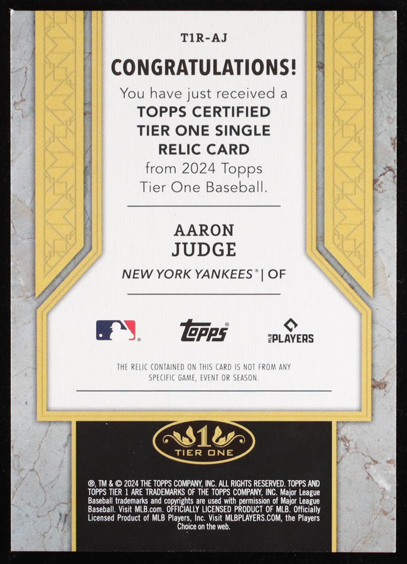 Aaron Judge 2024 Topps Tier One Relics #T1RAJ #027/199 at PristineAuction.com Aaron Judge 2024 Topps Tier One Relics #T1RAJ #027/199 at PristineAuction.com