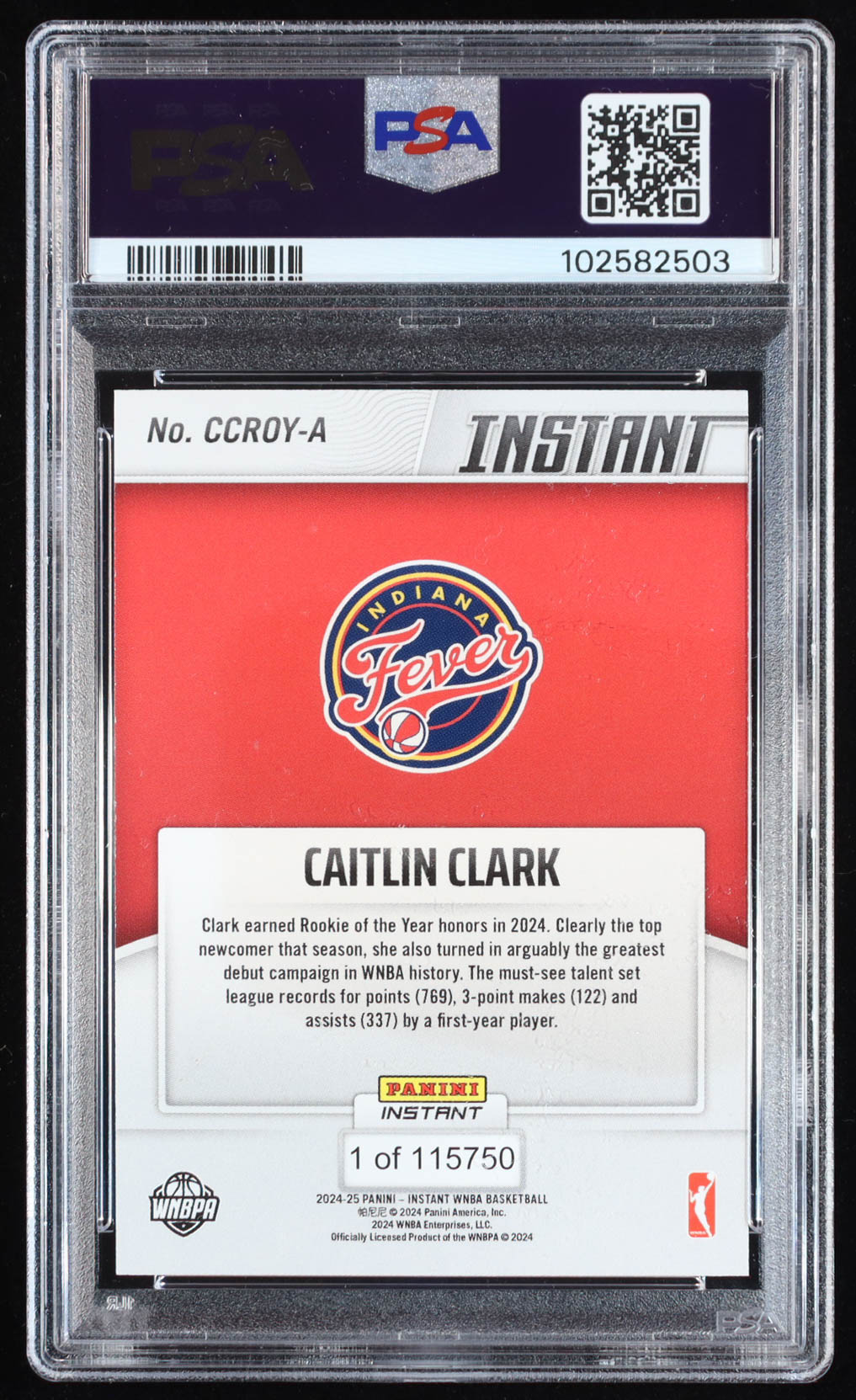 Caitlin Clark 2024 Panini Instant WNBA Caitlin Clark Rookie of the Year #CCROYA RC (PSA 10) at PristineAuction.com Caitlin Clark 2024 Panini Instant WNBA Caitlin Clark Rookie of the Year #CCROYA RC (PSA 10) at PristineAuction.com