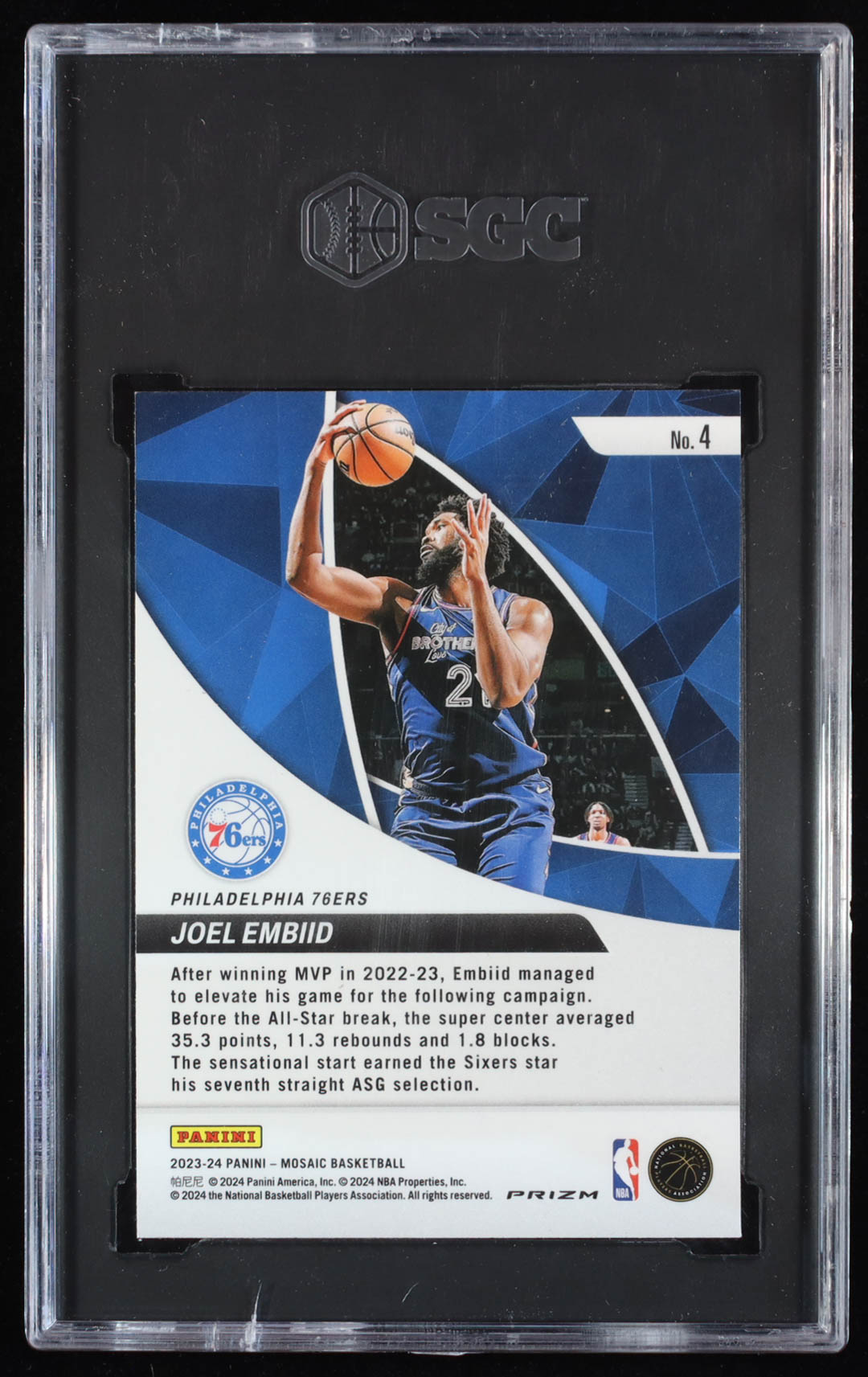 Joel Embiid 2023-24 Panini Mosaic Elevate Green Prizm #4 (SGC 10) at PristineAuction.com Joel Embiid 2023-24 Panini Mosaic Elevate Green Prizm #4 (SGC 10) at PristineAuction.com