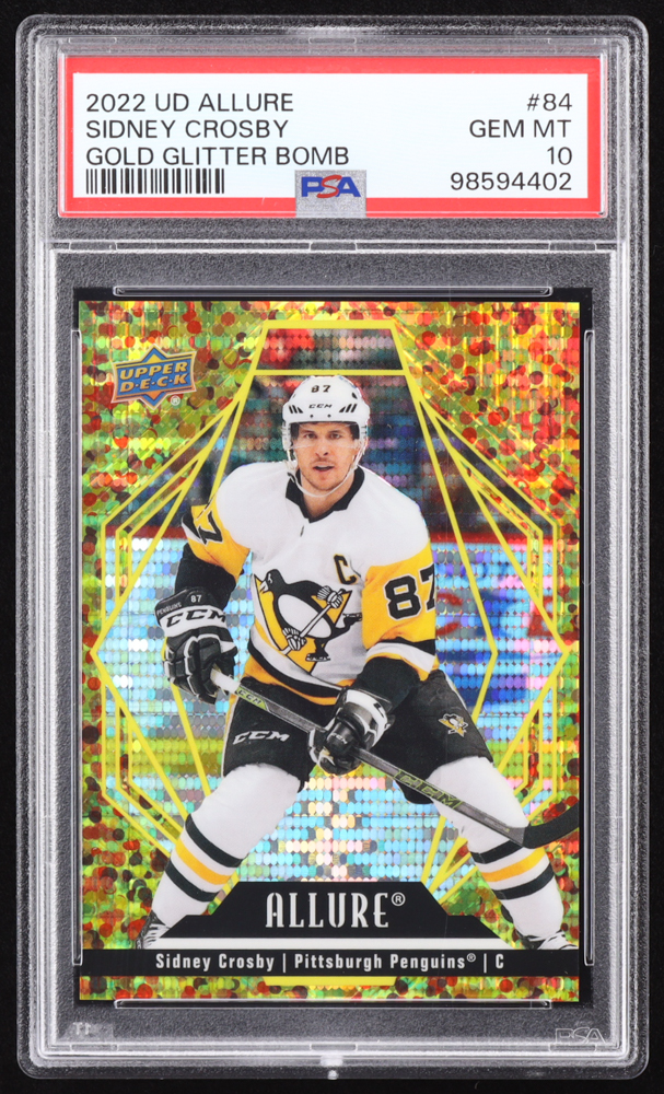 Sidney Crosby 2022-23 Upper Deck Allure Gold Glitter Bomb #84 84/199 (PSA 10) at PristineAuction.com Sidney Crosby 2022-23 Upper Deck Allure Gold Glitter Bomb #84 84/199 (PSA 10) at PristineAuction.com