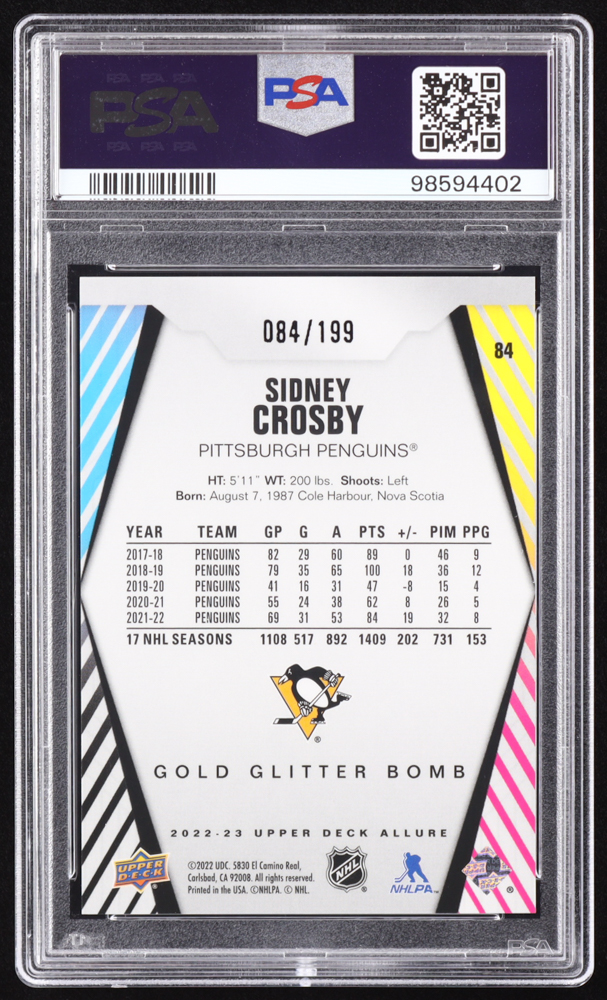 Sidney Crosby 2022-23 Upper Deck Allure Gold Glitter Bomb #84 84/199 (PSA 10) at PristineAuction.com Sidney Crosby 2022-23 Upper Deck Allure Gold Glitter Bomb #84 84/199 (PSA 10) at PristineAuction.com