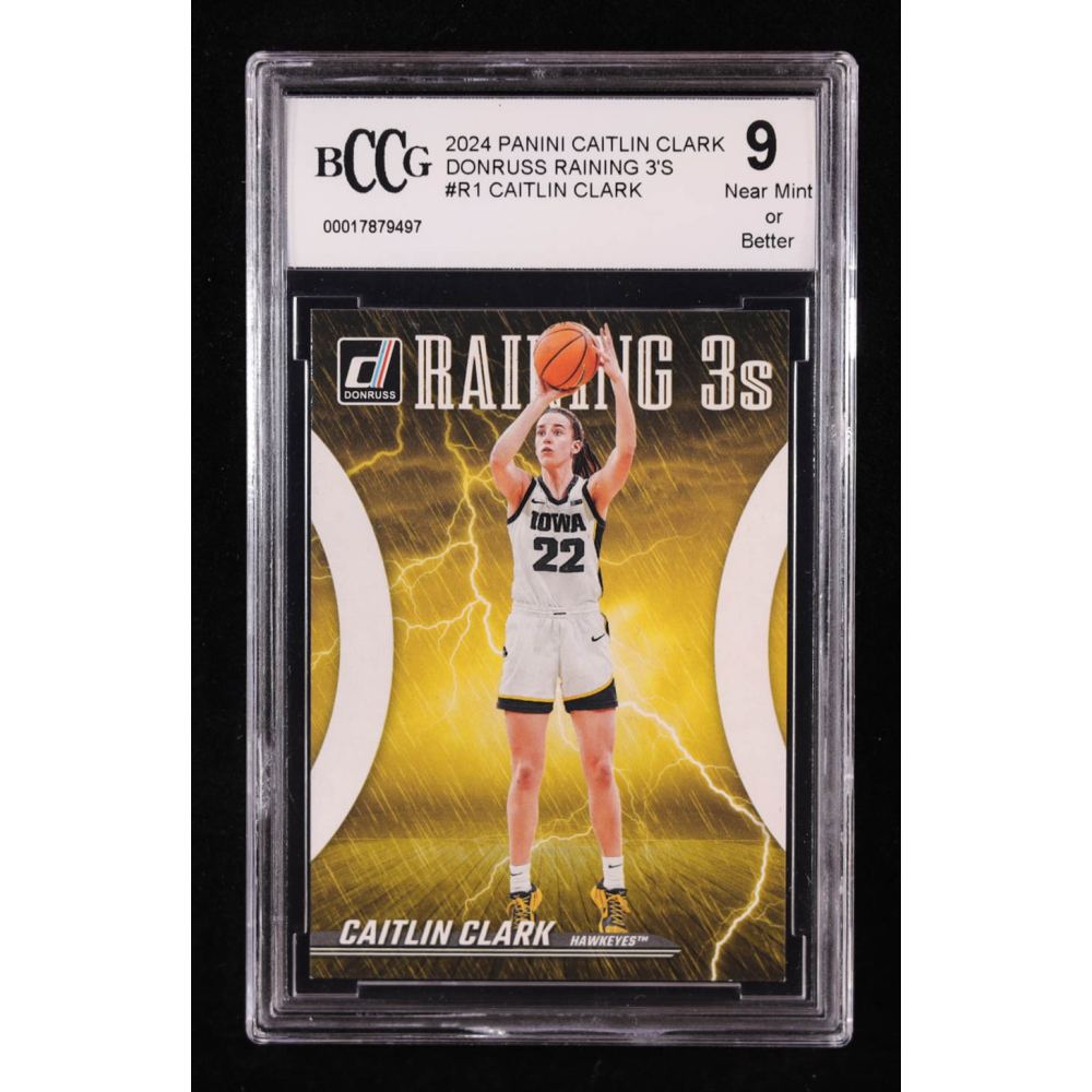 Caitlin Clark 2024 Panini Caitlin Clark Collection Donruss Raining 3's #R1 RC (BCCG 9) at PristineAuction.com