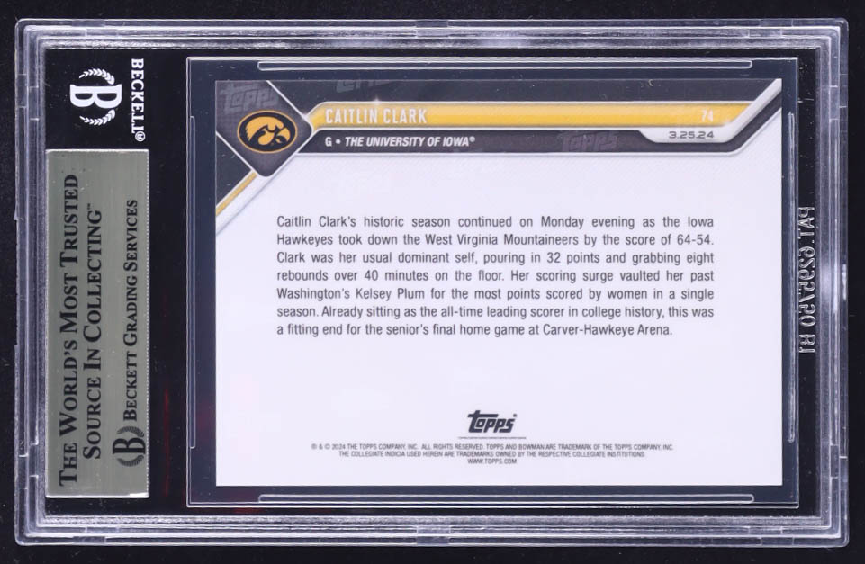 Caitlin Clark 2023-24 Bowman University Now #74 RC (BGS 10) at PristineAuction.com Caitlin Clark 2023-24 Bowman University Now #74 RC (BGS 10) at PristineAuction.com