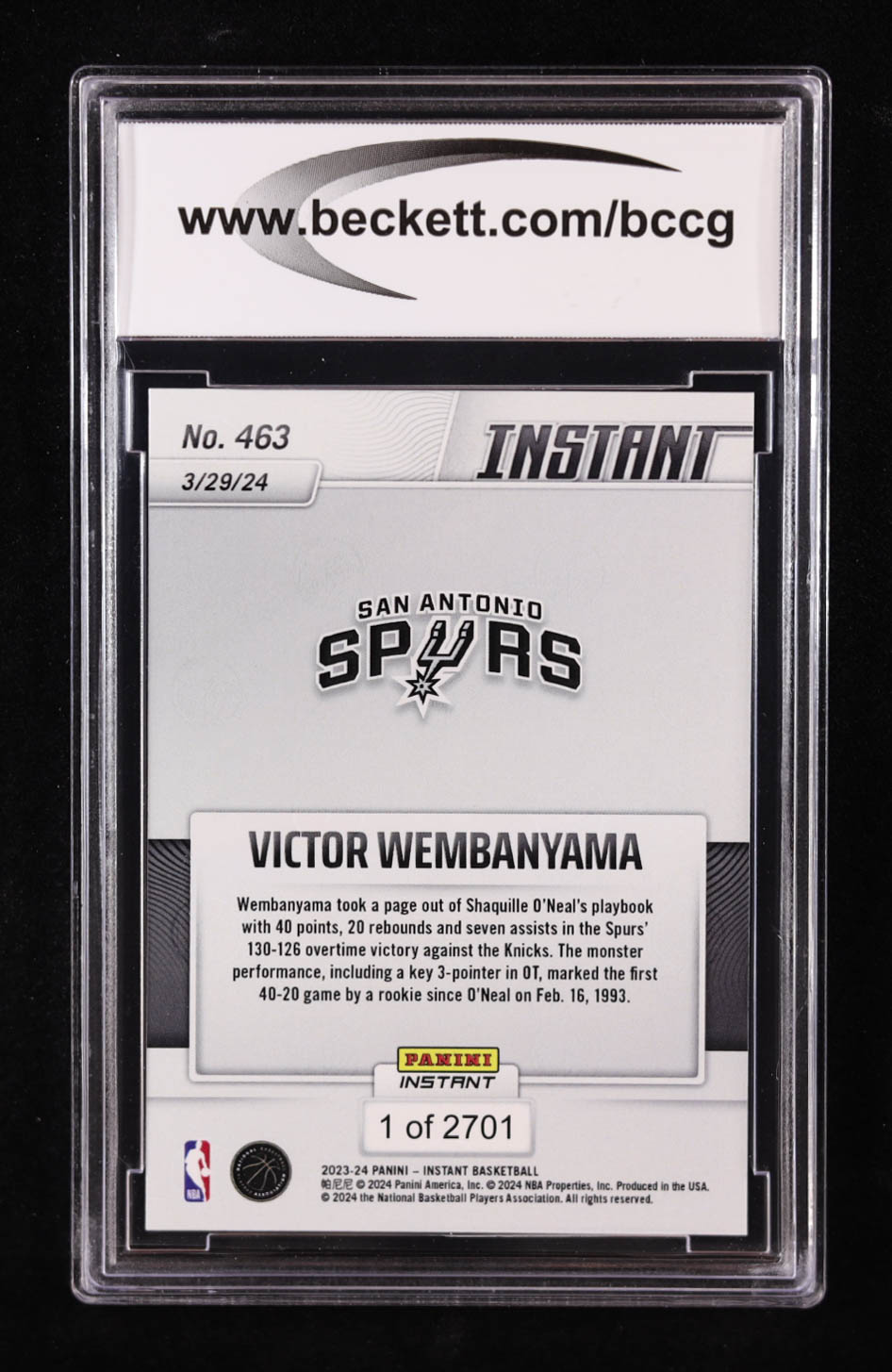 Victor Wembanyama 2023-24 Panini Instant #463 RC (BCCG 10) at PristineAuction.com Victor Wembanyama 2023-24 Panini Instant #463 RC (BCCG 10) at PristineAuction.com