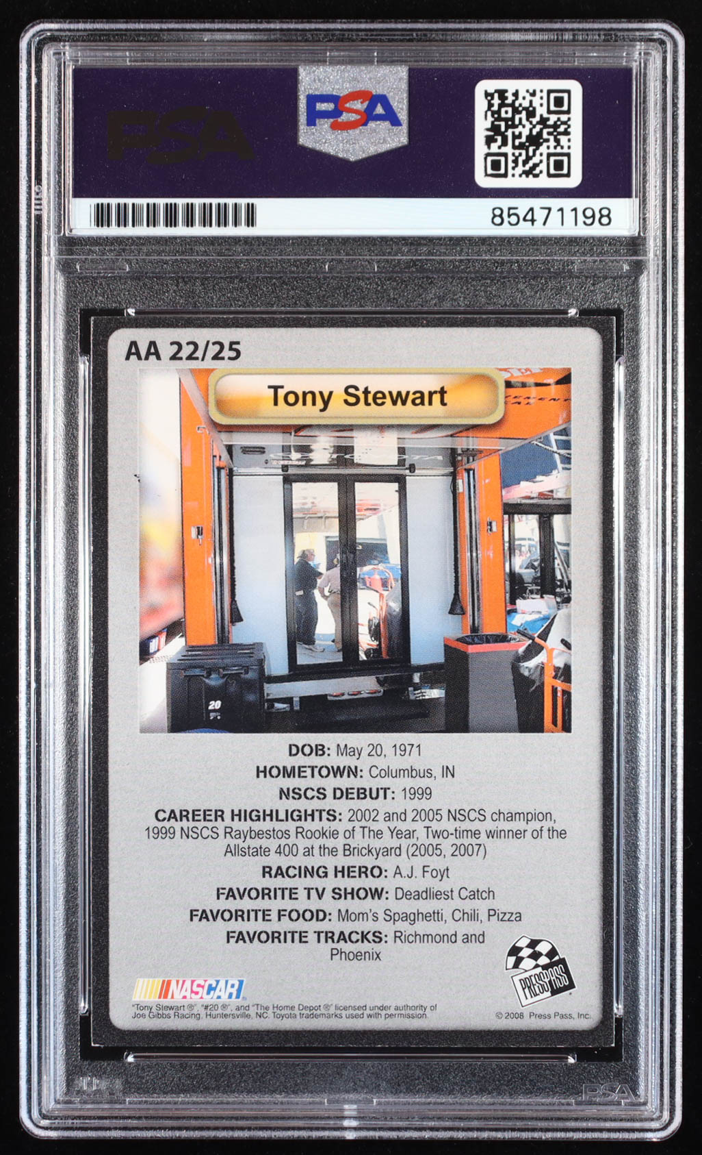 Tony Stewart Signed 2008 VIP All Access #AA22 (PSA Authentic) at PristineAuction.com Tony Stewart Signed 2008 VIP All Access #AA22 (PSA Authentic) at PristineAuction.com