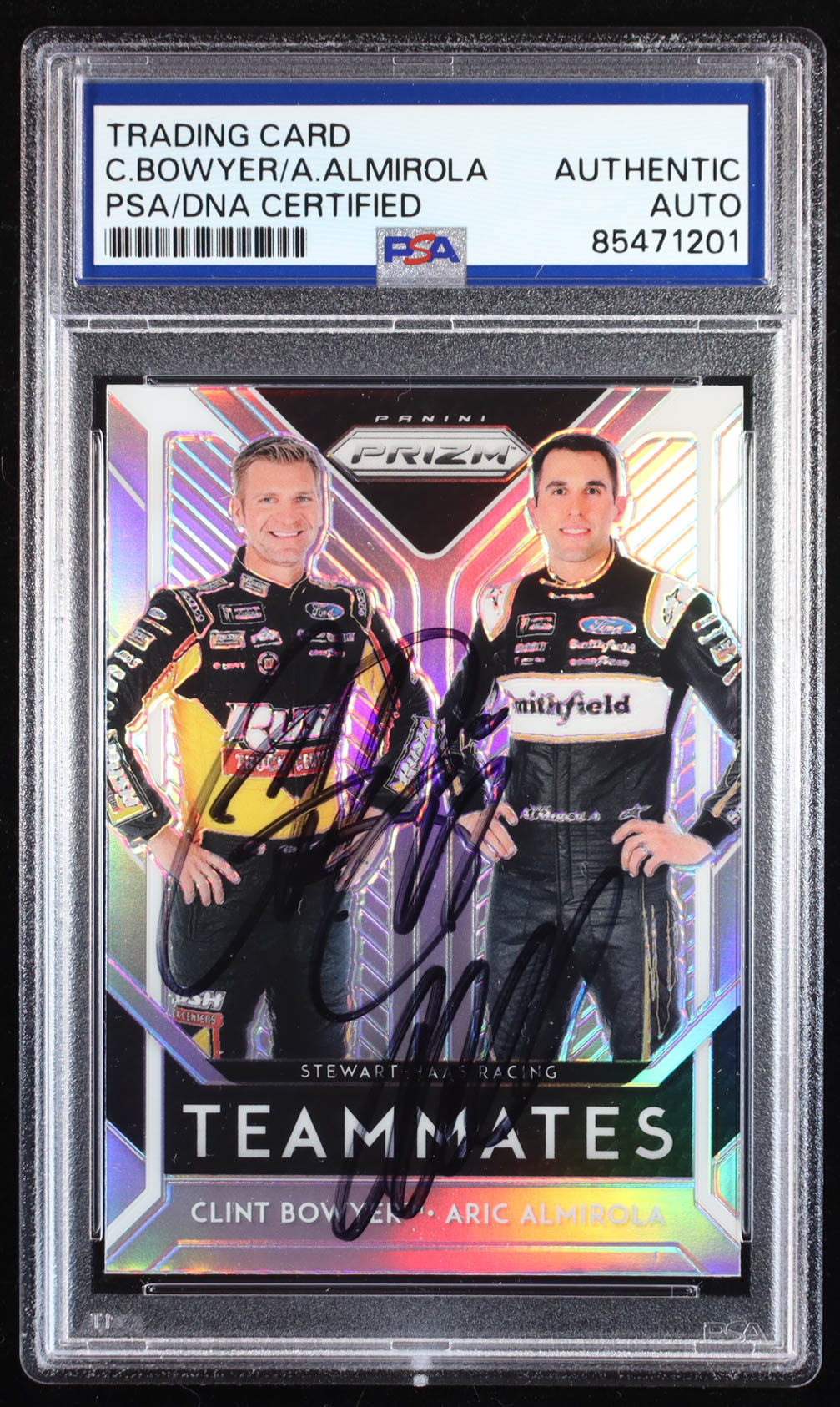 Aric Almirola / Clint Bowyer Signed 2019 Panini Prizm Teammates Prizms #7 (PSA Authentic) at PristineAuction.com Aric Almirola / Clint Bowyer Signed 2019 Panini Prizm Teammates Prizms #7 (PSA Authentic) at PristineAuction.com