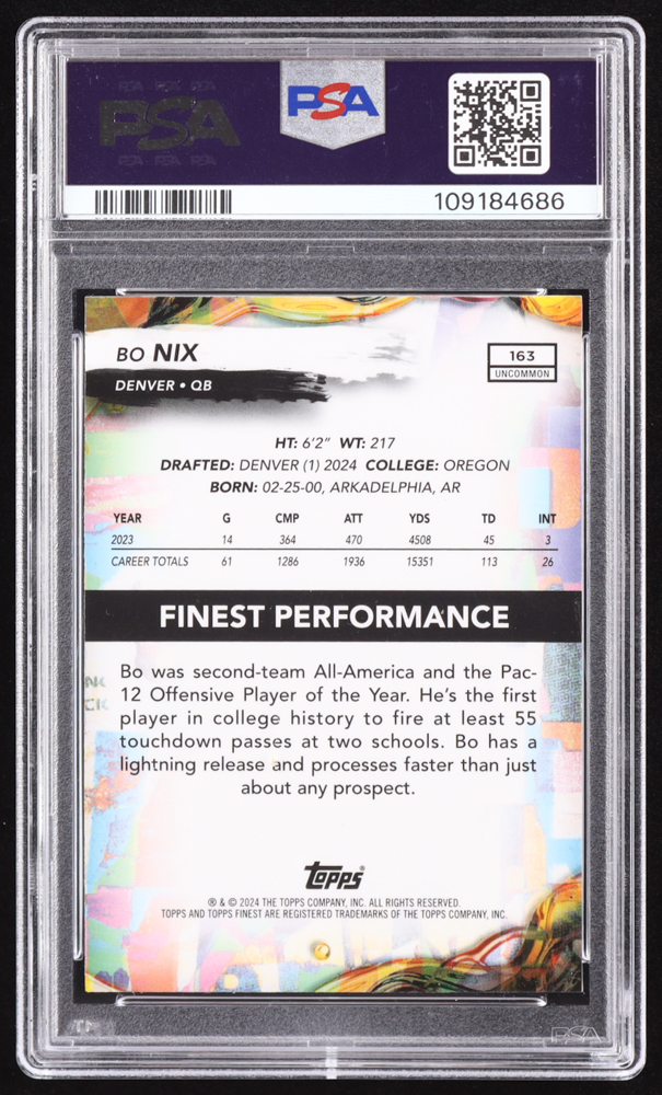 Bo Nix 2024 Finest Purple Checkerboard Refractors #163 RC #5/99 (PSA 10) at PristineAuction.com Bo Nix 2024 Finest Purple Checkerboard Refractors #163 RC #5/99 (PSA 10) at PristineAuction.com