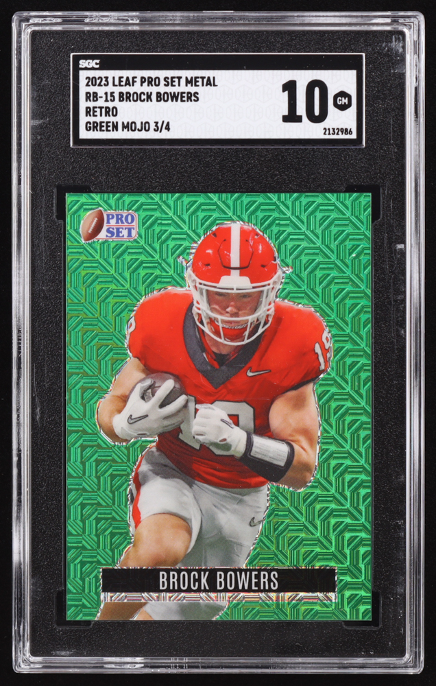 Brock Bowers 2023 Leaf Pro Set Metal Retro Mojo Green #RB-15 RC #3/4 (SGC 10) at PristineAuction.com Brock Bowers 2023 Leaf Pro Set Metal Retro Mojo Green #RB-15 RC #3/4 (SGC 10) at PristineAuction.com