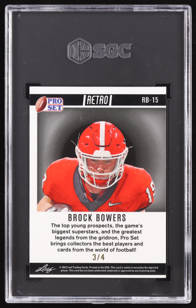 Brock Bowers 2023 Leaf Pro Set Metal Retro Mojo Green #RB-15 RC #3/4 (SGC 10) at PristineAuction.com Brock Bowers 2023 Leaf Pro Set Metal Retro Mojo Green #RB-15 RC #3/4 (SGC 10) at PristineAuction.com