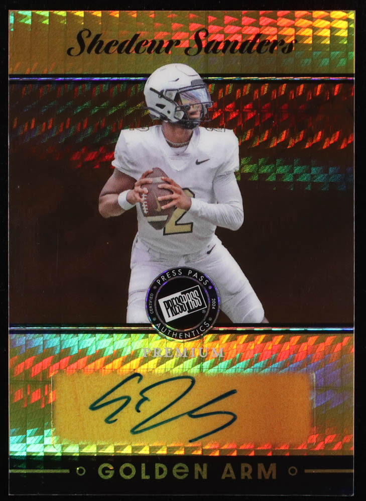 Shedeur Sanders 2024 Leaf Press Pass Golden Arm Autographs #GSS1 RC #11/25 at PristineAuction.com Shedeur Sanders 2024 Leaf Press Pass Golden Arm Autographs #GSS1 RC #11/25 at PristineAuction.com