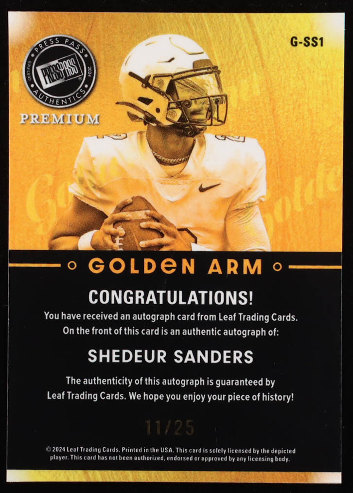 Shedeur Sanders 2024 Leaf Press Pass Golden Arm Autographs #GSS1 RC #11/25 at PristineAuction.com Shedeur Sanders 2024 Leaf Press Pass Golden Arm Autographs #GSS1 RC #11/25 at PristineAuction.com