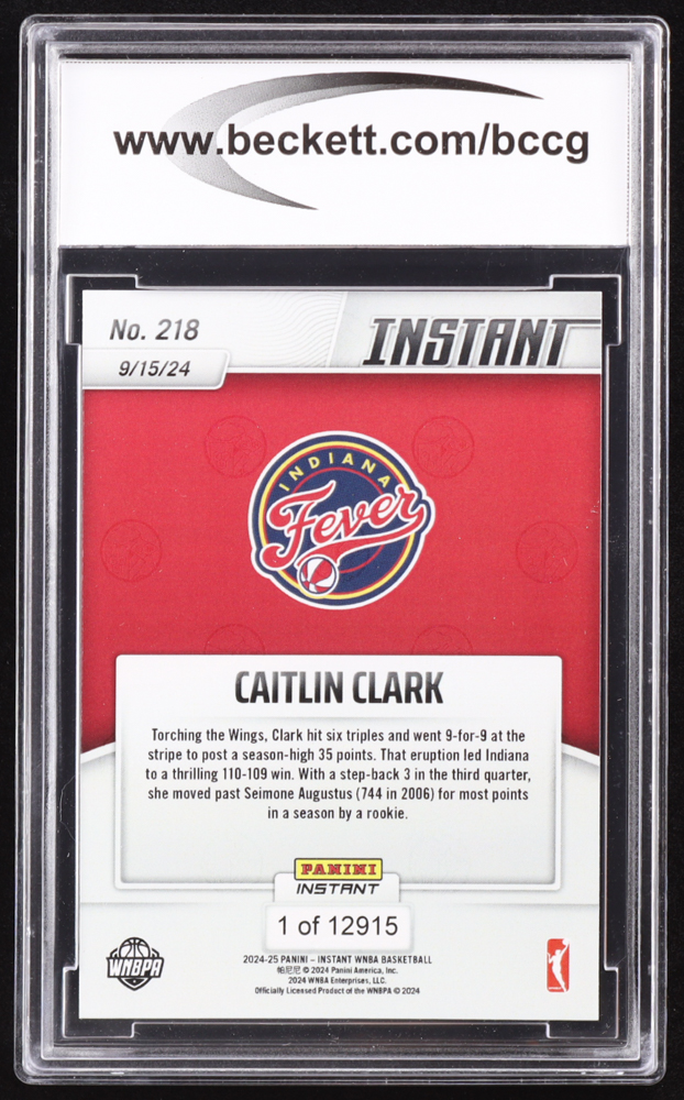 Caitlin Clark 2024-25 Panini Instant WNBA #218 RC (BCCG 10) at PristineAuction.com Caitlin Clark 2024-25 Panini Instant WNBA #218 RC (BCCG 10) at PristineAuction.com