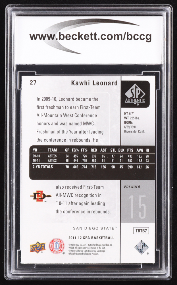 Kawhi Leonard 2011-12 SP Authentic #27 RC (BCCG 10) at PristineAuction.com Kawhi Leonard 2011-12 SP Authentic #27 RC (BCCG 10) at PristineAuction.com