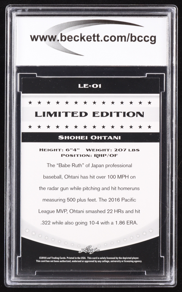 Shohei Ohtani 2018 Leaf Ohtani Limited Edition #LE01 RC (BCCG 10) at PristineAuction.com Shohei Ohtani 2018 Leaf Ohtani Limited Edition #LE01 RC (BCCG 10) at PristineAuction.com