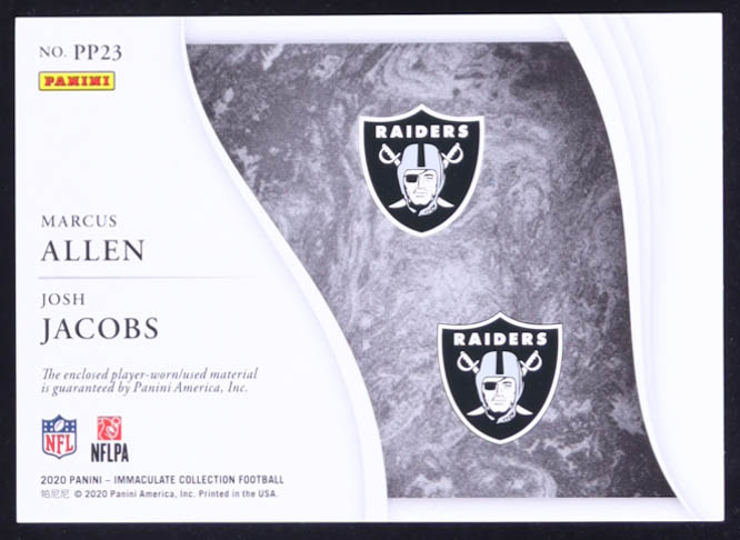 Josh Jacobs / Marcus Allen 2020 Immaculate Collection Past and Present Materials #23 #20/49 at PristineAuction.com Josh Jacobs / Marcus Allen 2020 Immaculate Collection Past and Present Materials #23 #20/49 at PristineAuction.com