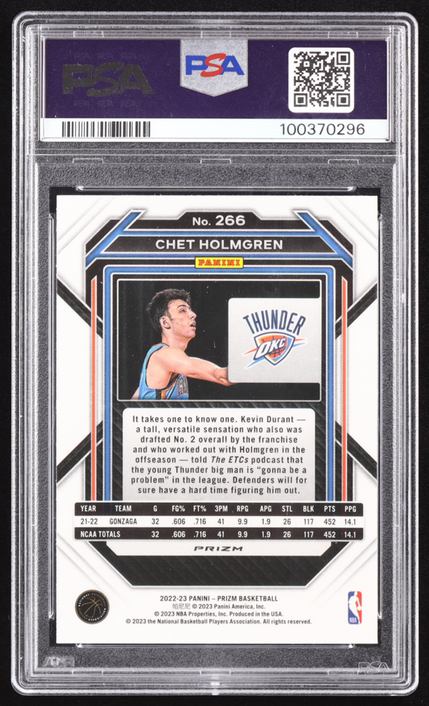 Chet Holmgren 2022-23 Panini Prizm Green Prizm #266 RC (PSA 10) at PristineAuction.com Chet Holmgren 2022-23 Panini Prizm Green Prizm #266 RC (PSA 10) at PristineAuction.com