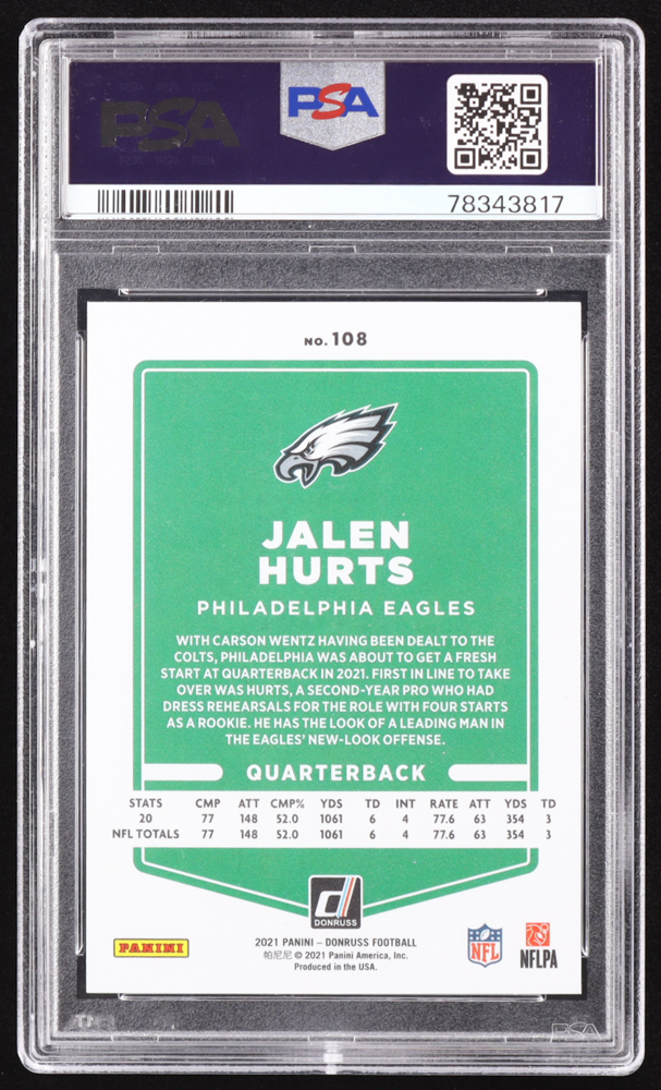 Jaylen Hurts 2021 Donruss Press Proof Premium #108 (PSA 10) at PristineAuction.com Jaylen Hurts 2021 Donruss Press Proof Premium #108 (PSA 10) at PristineAuction.com