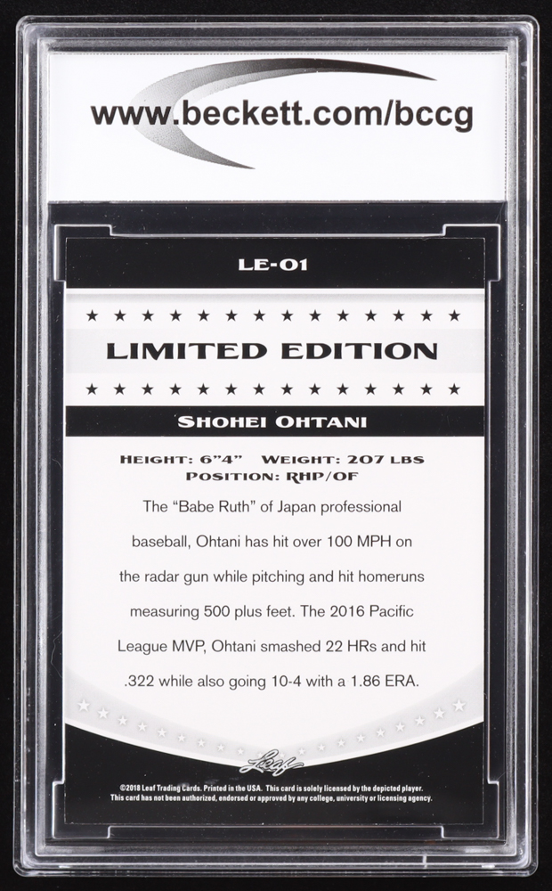 Shohei Ohtani 2018 Leaf Ohtani Limited Edition #LE01 RC (BCCG 10) at PristineAuction.com Shohei Ohtani 2018 Leaf Ohtani Limited Edition #LE01 RC (BCCG 10) at PristineAuction.com