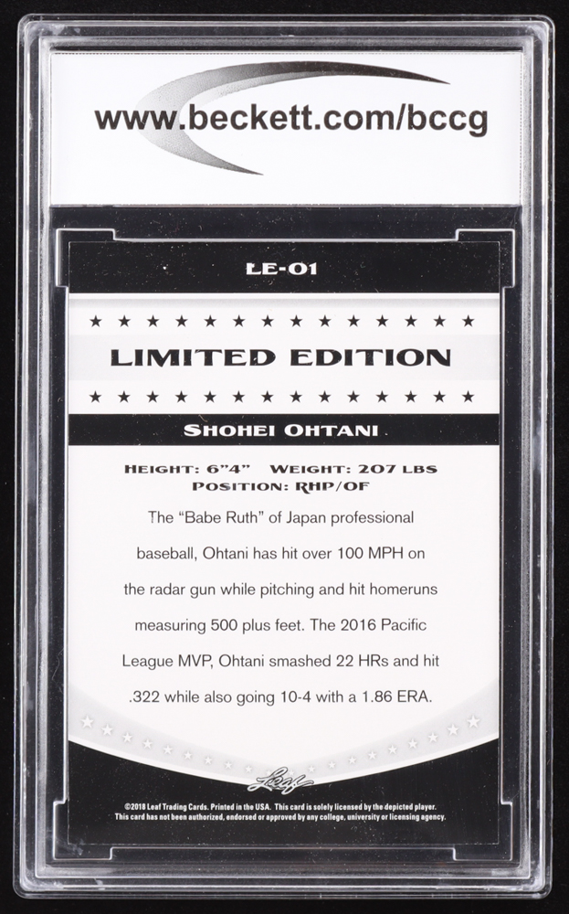 Shohei Ohtani 2018 Leaf Ohtani Limited Edition #LE01 RC (BCCG 10) at PristineAuction.com Shohei Ohtani 2018 Leaf Ohtani Limited Edition #LE01 RC (BCCG 10) at PristineAuction.com