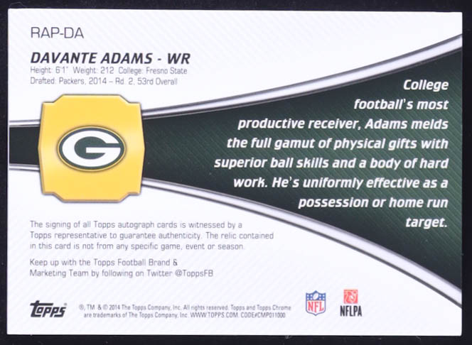Davante Adams 2014 Topps Chrome Rookie Autographs Patches #RAPDA #35/50 RC at PristineAuction.com Davante Adams 2014 Topps Chrome Rookie Autographs Patches #RAPDA #35/50 RC at PristineAuction.com