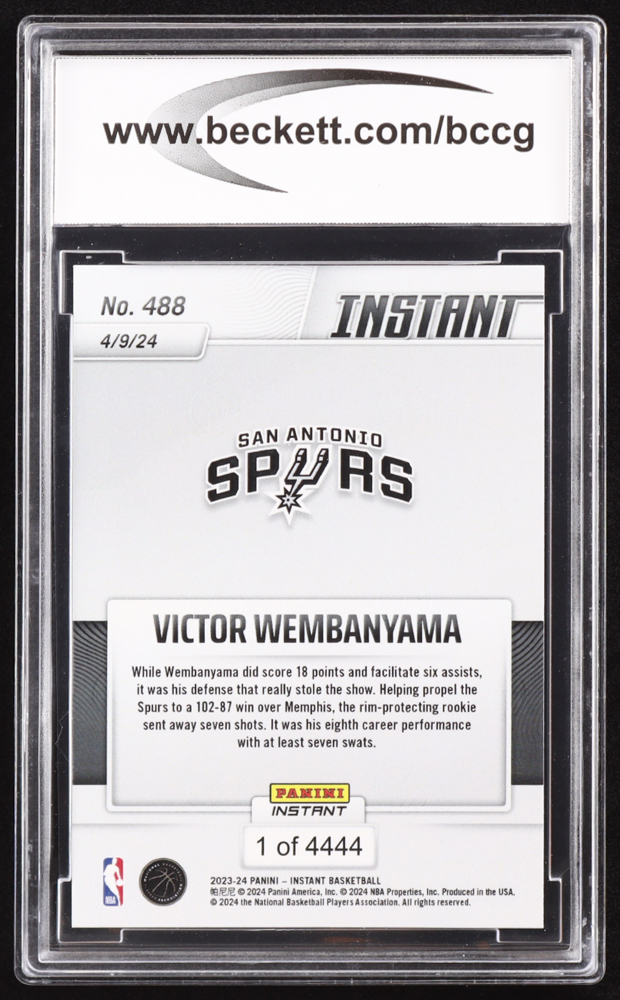 Victor Wembanyama 2023-24 Panini Instant #488 RC (BCCG 10) at PristineAuction.com Victor Wembanyama 2023-24 Panini Instant #488 RC (BCCG 10) at PristineAuction.com