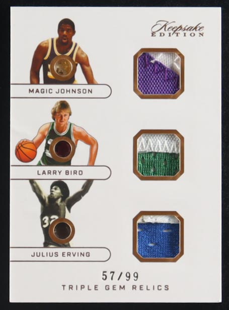 Magic Johnson / Larry Bird / Julius Erving 2024 Super Products Keepsake Edition Triple Gem Relics #380 #57/99 at PristineAuction.com Magic Johnson / Larry Bird / Julius Erving 2024 Super Products Keepsake Edition Triple Gem Relics #380 #57/99 at PristineAuction.com