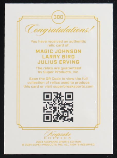 Magic Johnson / Larry Bird / Julius Erving 2024 Super Products Keepsake Edition Triple Gem Relics #380 #57/99 at PristineAuction.com Magic Johnson / Larry Bird / Julius Erving 2024 Super Products Keepsake Edition Triple Gem Relics #380 #57/99 at PristineAuction.com