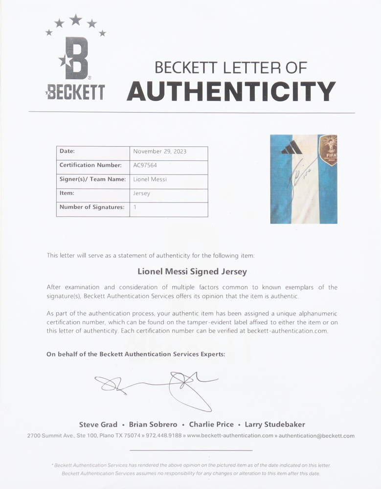Lionel Messi Signed Argentina Adidas Authentic Jersey Inscribed "LEO" (Beckett) at PristineAuction.com Lionel Messi Signed Argentina Adidas Authentic Jersey Inscribed "LEO" (Beckett) at PristineAuction.com