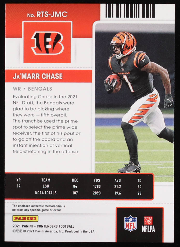 Ja'Marr Chase 2021 Panini Contenders Rookie Ticket Swatches #5 RC at PristineAuction.com Ja'Marr Chase 2021 Panini Contenders Rookie Ticket Swatches #5 RC at PristineAuction.com