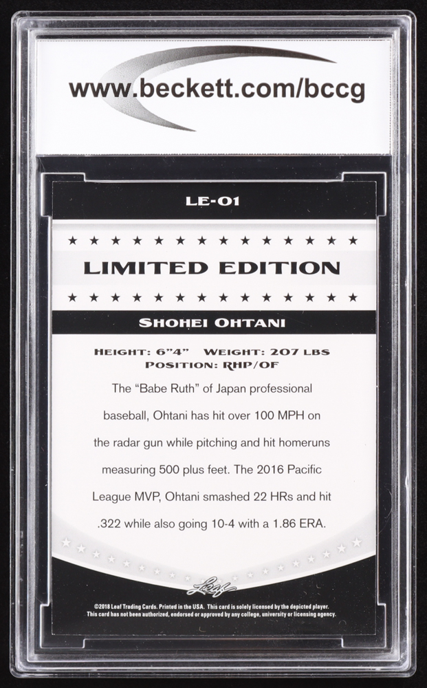 Shohei Ohtani 2018 Leaf Ohtani Limited Edition #LE01 RC (BCCG 10) at PristineAuction.com Shohei Ohtani 2018 Leaf Ohtani Limited Edition #LE01 RC (BCCG 10) at PristineAuction.com