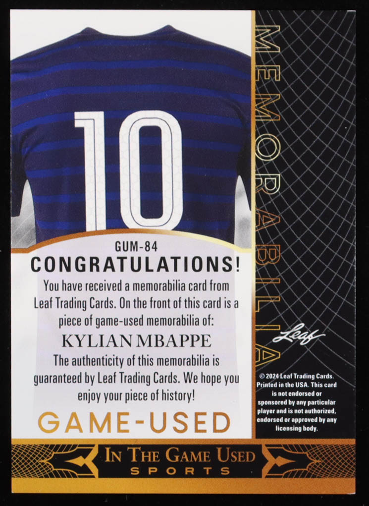 Kylian Mbappe 2024 ITG Used Sports Game-Used Memorabilia Gold #GUM84 at PristineAuction.com Kylian Mbappe 2024 ITG Used Sports Game-Used Memorabilia Gold #GUM84 at PristineAuction.com