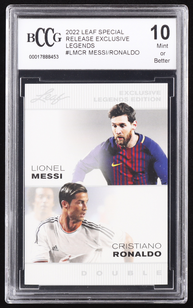 Lionel Messi / Cristiano Ronaldo 2022 Leaf Special Release Exclusive Legends Edition #LMCR (BCCG 10) at PristineAuction.com Lionel Messi / Cristiano Ronaldo 2022 Leaf Special Release Exclusive Legends Edition #LMCR (BCCG 10) at PristineAuction.com
