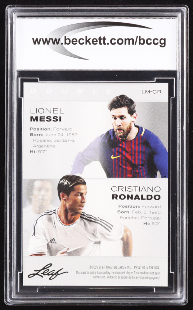 Lionel Messi / Cristiano Ronaldo 2022 Leaf Special Release Exclusive Legends Edition #LMCR (BCCG 10) at PristineAuction.com Lionel Messi / Cristiano Ronaldo 2022 Leaf Special Release Exclusive Legends Edition #LMCR (BCCG 10) at PristineAuction.com