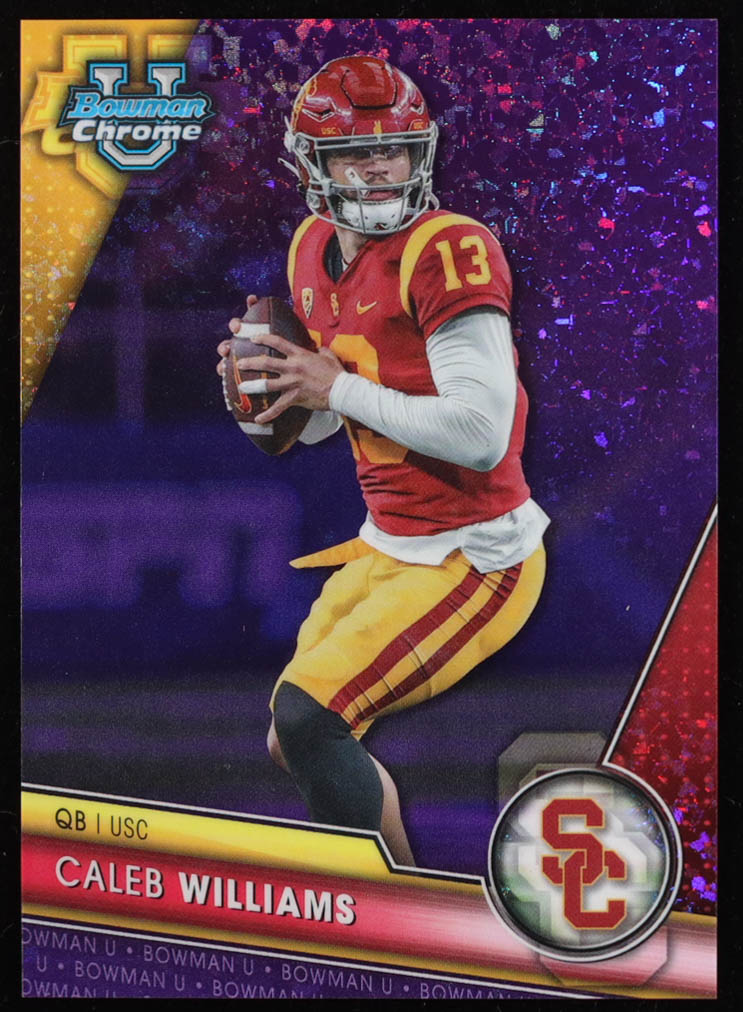 Caleb Williams 2023 Bowman Chrome University Purple Mini Diamonds Refractors #1 RC #392/399 at PristineAuction.com Caleb Williams 2023 Bowman Chrome University Purple Mini Diamonds Refractors #1 RC #392/399 at PristineAuction.com