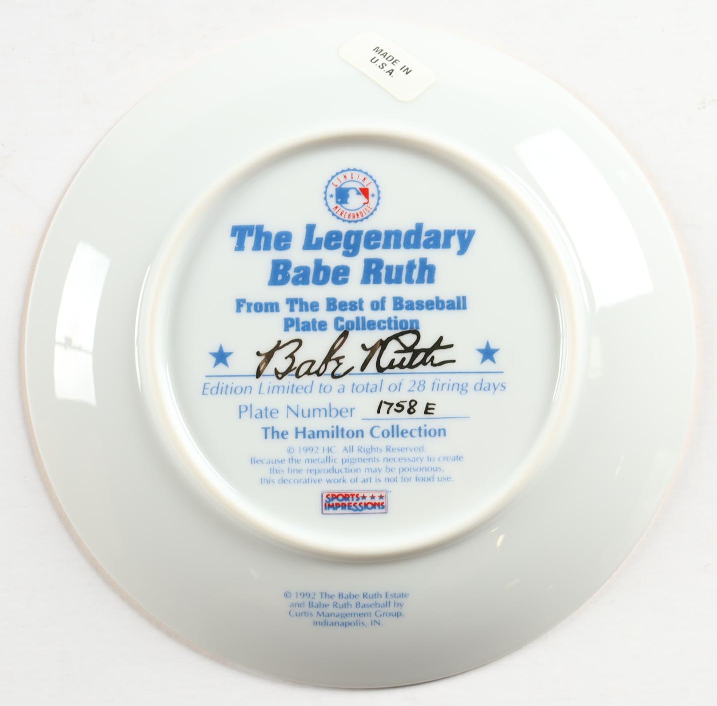 Babe Ruth LE "The Hamilton Collection" 1993 Gold Plated Ceramic Plate at PristineAuction.com Babe Ruth LE "The Hamilton Collection" 1993 Gold Plated Ceramic Plate at PristineAuction.com