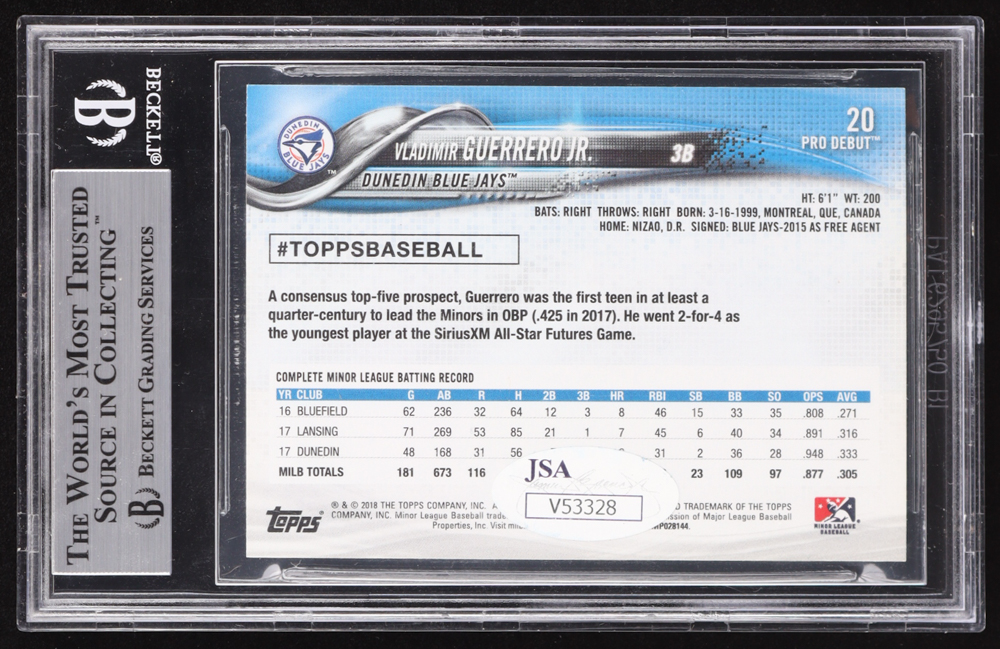 Vladimir Guerrero Jr. 2018 Topps Pro Debut #20 RC (BGS & JSA) at PristineAuction.com Vladimir Guerrero Jr. 2018 Topps Pro Debut #20 RC (BGS & JSA) at PristineAuction.com