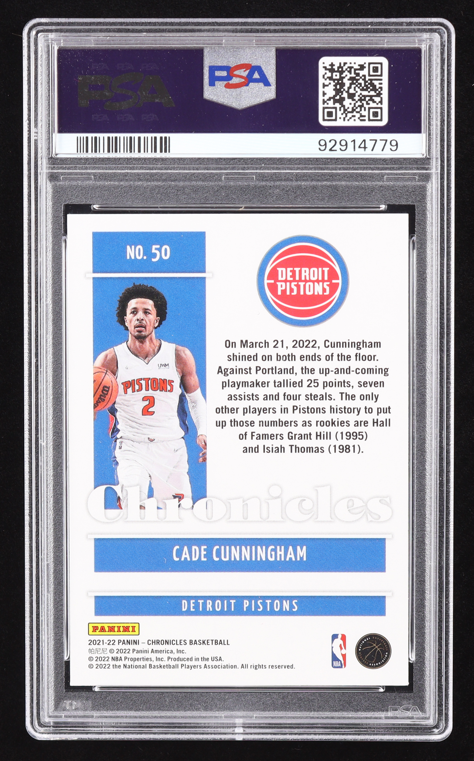 Cade Cunningham 2021-22 Panini Chronicles #50 RC (PSA 10) at PristineAuction.com Cade Cunningham 2021-22 Panini Chronicles #50 RC (PSA 10) at PristineAuction.com