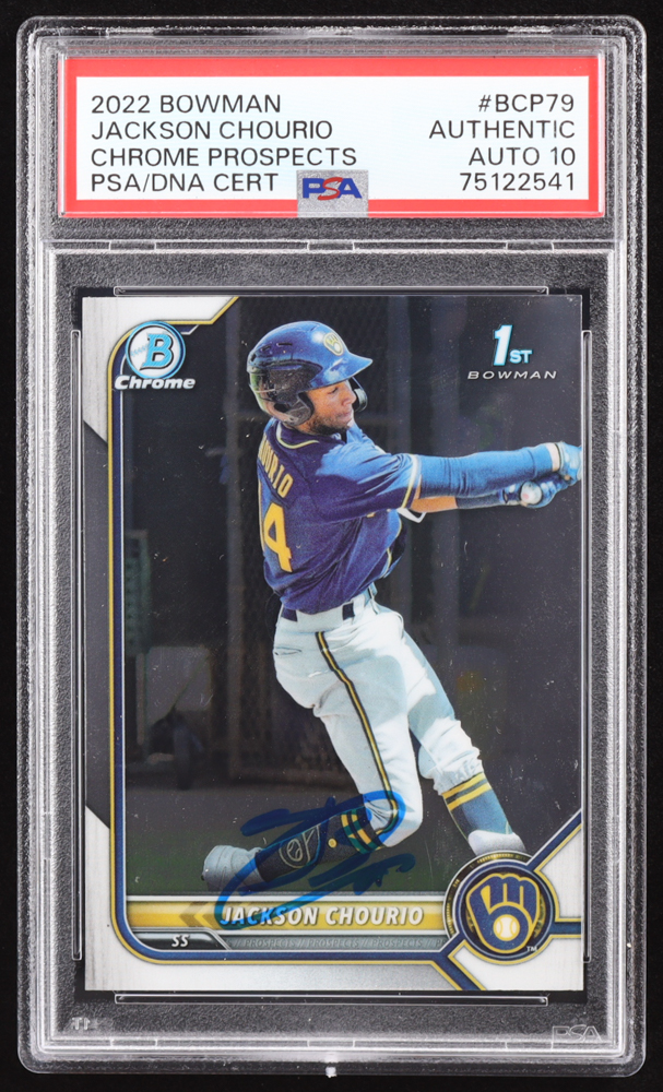 Jackson Chourio Signed 2022 Bowman Chrome Prospects #BCP79 RC (PSA | Auto Grade PSA 10) at PristineAuction.com Jackson Chourio Signed 2022 Bowman Chrome Prospects #BCP79 RC (PSA | Auto Grade PSA 10) at PristineAuction.com