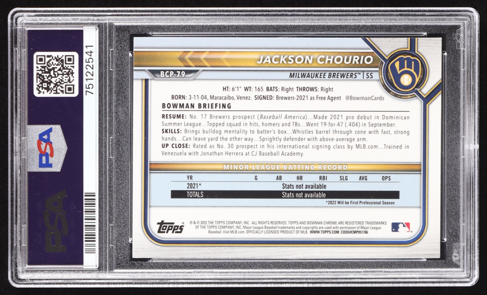 Jackson Chourio Signed 2022 Bowman Chrome Prospects #BCP79 RC (PSA | Auto Grade PSA 10) at PristineAuction.com Jackson Chourio Signed 2022 Bowman Chrome Prospects #BCP79 RC (PSA | Auto Grade PSA 10) at PristineAuction.com